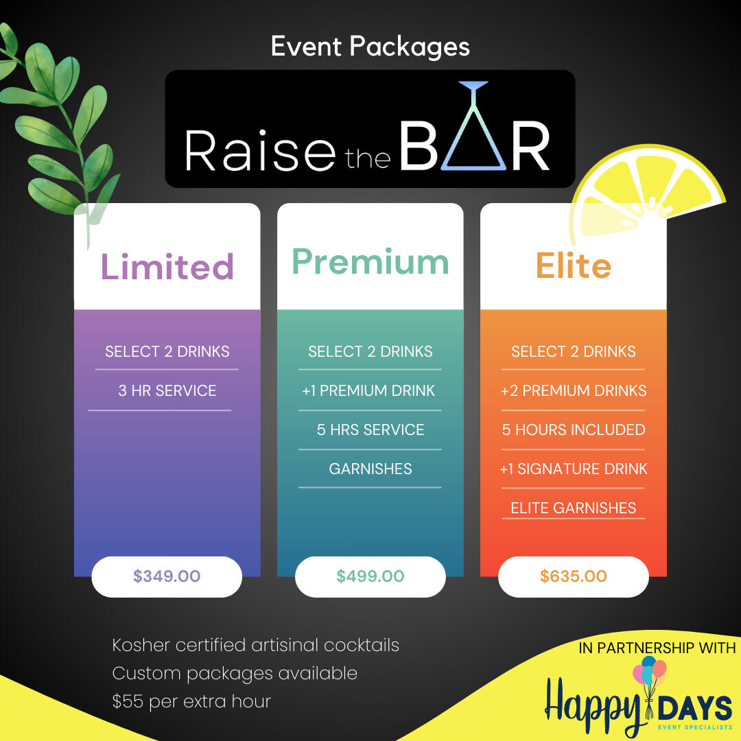 A list of the available event packages offered by the Raise the Bar event bartending service. Limited: Select 2 drinks, and 3 hours service for $349. Premium: Select 2 drinks, +1 premium drink, 5 hours service, and garnishes for $499. Elite: Select 2 drink