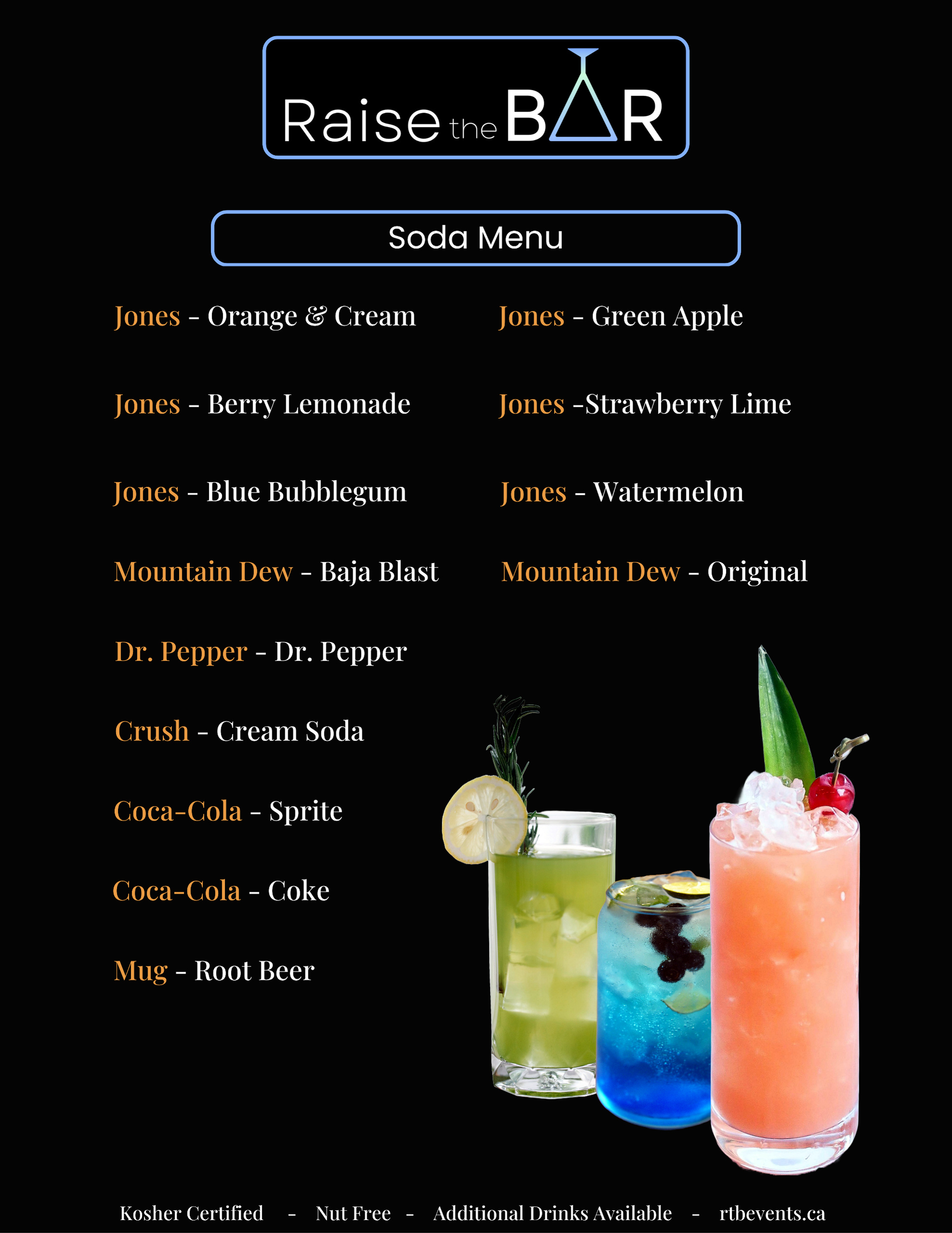 Raise the Bar Menu outlining the standard kosher and vegan cocktails, premium cocktails, mocktails, and premium mocktails available. Additional cocktails are also available. Cocktails: Gin and Tonic, Tom Collins, Long Island Iced Tea, Margarita, Whisky Sou